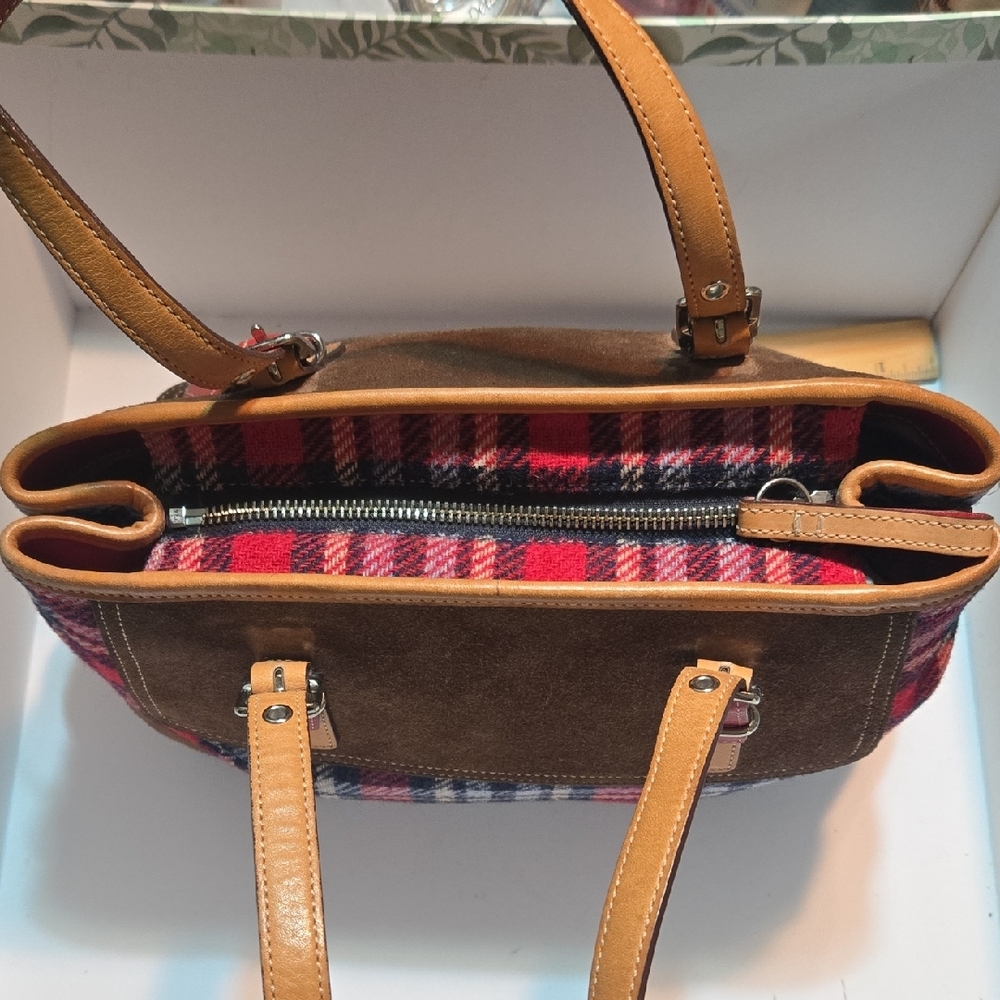 Coach Plaid Tote with Red and Brown Leather - Picture 6 of 16